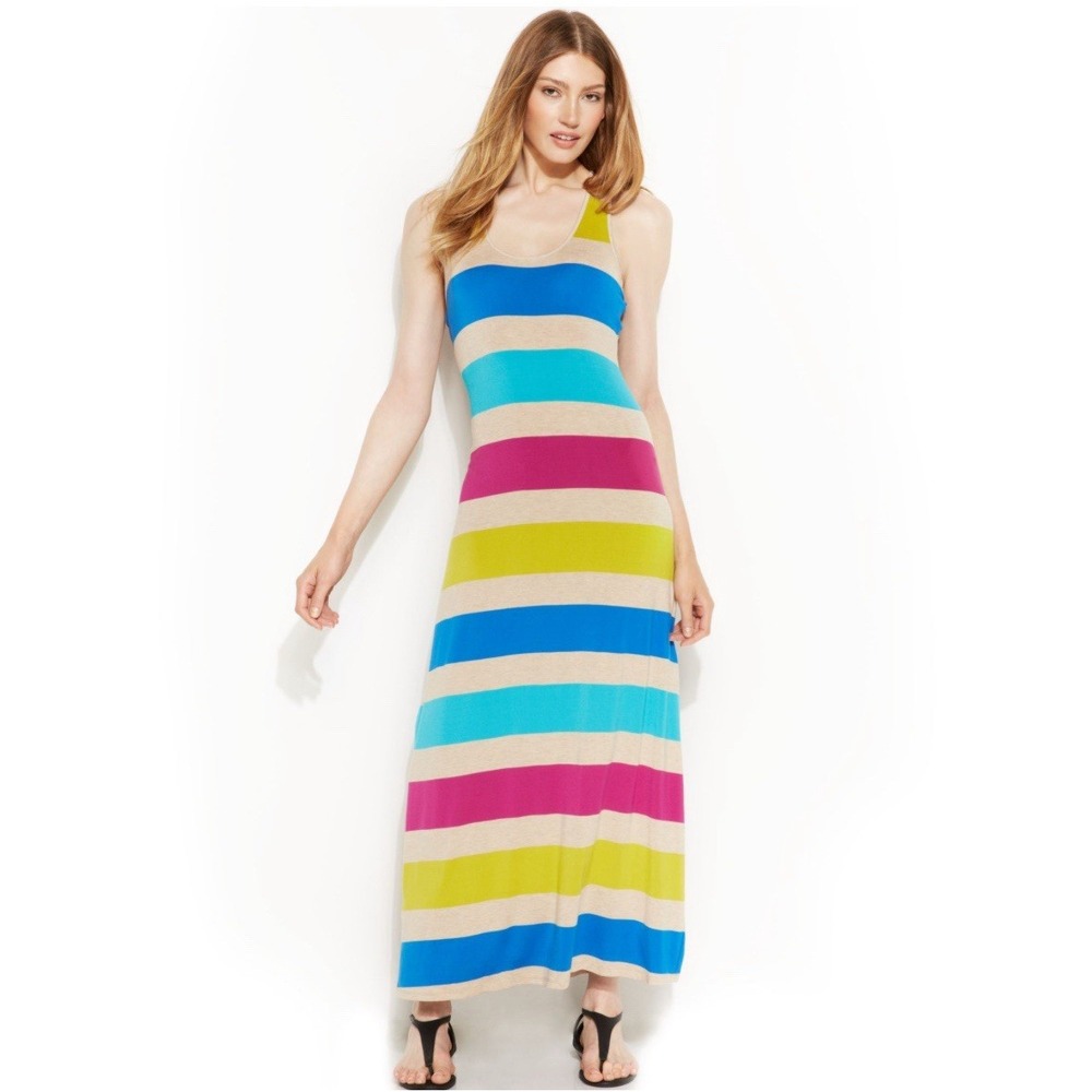 Calvin Klein Women's‎ 8 Multicolor Scoop Neck Racerback Striped Maxi Dress #Y6-1